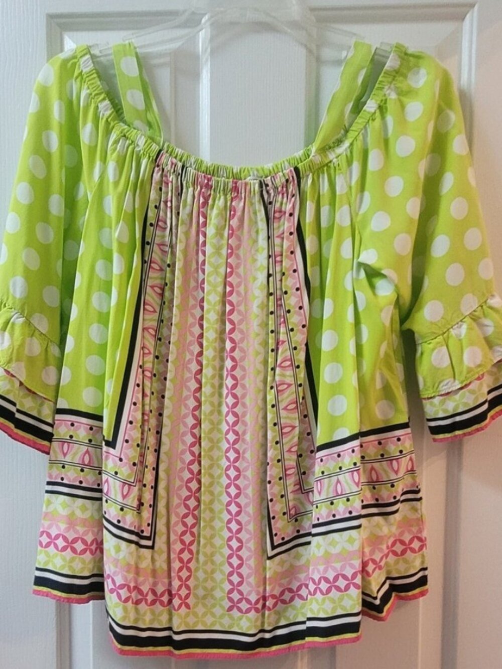 Crown & Ivy Bright Green, Navy Blue & Pink Peasant Top with 3/4 sleeves